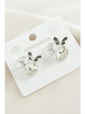 Bijuteri Net Kelebek Inci Taşlı Metal Küpe