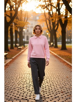 Benerly Kadın Polo Yaka Düşük Kol Fermuarlı Regular Kalıp Örme Sweatshirt Fonksiyonel Dayanıklı Şık