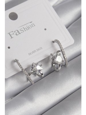 Hayat Store Pirinç Gümüş Renk Zirkon Taşlı Kadın Küpe - Lisinya