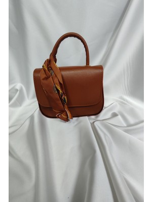 Leaf Accessory Kadın Çantası, Fermuaralı, Elde ve Omuz Askılı, Eşarp Süslemeli Taba