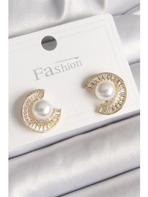 Hayat Store Pirinç Gold Renk Zirkon Taşlı Salyangoz Model Inci Detay Kadın Küpe - Lisinya
