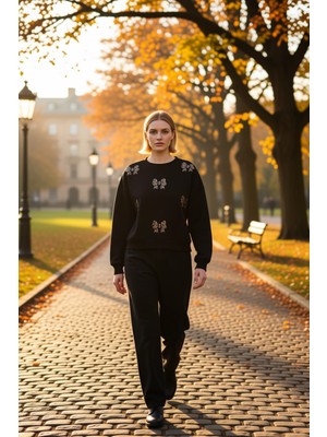 Benerly Kadın Bisiklet Yaka Düşük Kol %95 Pamuk %5 Polyester Baskılı Sweatshirt Fonksiyonel Modern