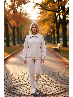 Benerly Kadın Polo Yaka Düşük Kol Örme Sweatshirt Fonksiyonel Dayanıklı Kaliteli Konforlu Estetik Şık