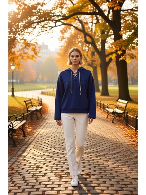 Benerly Kadın Kapüşonlu Standart Kol Bağlama Detaylı Örme Sweatshirt Fonksiyonel Dayanıklı Estetik