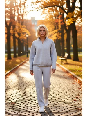 Benerly Kadın Dik Yaka Fermuarlı Düşük Kol Örme Sweatshirt Fonksiyonel Dayanıklı Kaliteli Konforlu