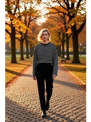 Benerly Kadın Bisiklet Yaka Düşük Kol Çizgili Örme Geniş Kesim Sweatshirt Fonksiyonel Dayanıklı Şık