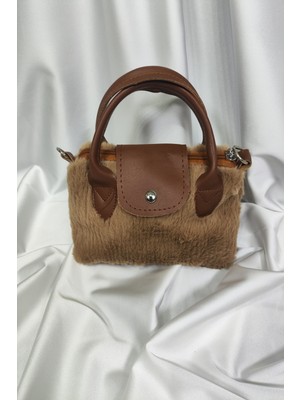 Leaf Accessory Peluş Çanta, Fermuaralı, Elde ve Omuz Askılı, Kahverengi