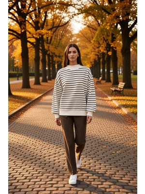 Benerly Kadın Bisiklet Yaka Düşük Kol Çizgili Örme Sweatshirt Fonksiyonel Dayanıklı Kaliteli Rahat