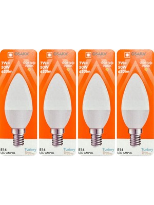 Avarson (4 adet) Osaka 7W (50W) Sarı Işık (3000K) E14 Duylu (Ince Duy) LED Mum Ampul