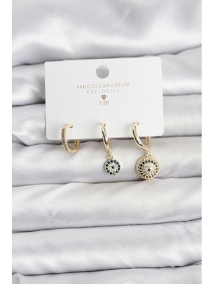 Hayat Store Nazar Model Gold Renk Pirinç 3'lü Kadın Küpe Seti - Lisinya
