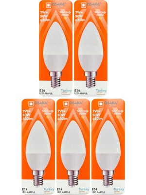 Avarson (5 Adet) Osaka 7W (50W) Sarı Işık (3000K) E14 Duylu (Ince Duy) LED Mum Ampul