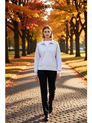 Benerly Kadın Polo Yaka Standart Kol Düğmeli Sweatshirt Fonksiyonel Dayanıklı Kaliteli Konforlu Şık