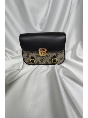 Leaf Accessory Desenli Tekstil ve Sunni Deri Kadın Çantası, Omuzda ve Elde Taşınabilir Fermuarlı Bej