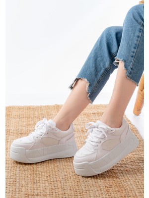 Zerenyus ZRİN-190 Premium Beyaz Bağcıklı Fileli Yüksek Taban Günlük Sneaker