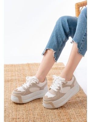 Zerenyus ZRİN-190 Premium Bej Bağcıklı Fileli Yüksek Taban Günlük Sneaker