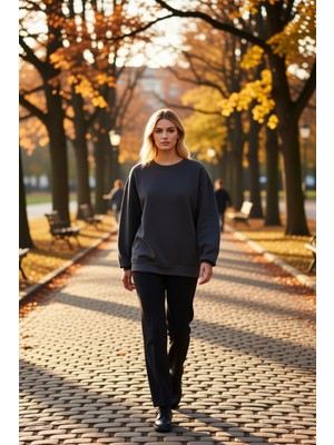 Benerly Kadın Bisiklet Yaka Düşük Kol Oversize Kalın Örme Sweatshirt Fonksiyonel Dayanıklı Estetik