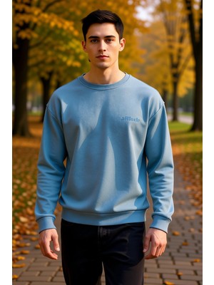 Benerly Erkek Bisiklet Yaka Düşük Kol Oversize Slogan Nakışlı Diagonal Sweatshirt Fonksiyonel Spor