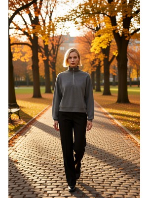 Benerly Kadın Dik Yaka Düşük Kol Yarım Pat Fermuarlı Sweatshirt Fonksiyonel Dayanıklı Kaliteli Şık