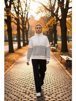 Benerly Kadın Dik Yaka Düşük Kol Fermuarlı Çizgili Oversize Kalın Örme Sweatshirt Fonksiyonel Spor