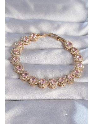 Hayat Store Vip Seri Pirinç Gold Renk Pembe Zirkon Taşlı Kalp Tasarımlı Bileklik - Lisinya
