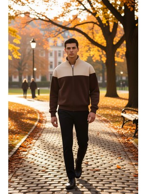 Benerly Erkek Dik Yaka Standart Kol Fermuarlı Renk Bloklu Sweatshirt Fonksiyonel Dayanıklı Estetik