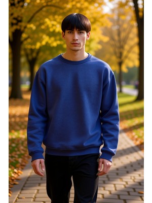 Benerly Erkek Bisiklet Yaka Düşük Kol Oversize Kalın Nakışlı Sweatshirt Fonksiyonel Dayanıklı Spor