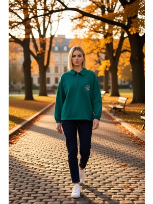 Benerly Kadın Polo Yaka Düşük Kol Nakışlı Fermuarlı Sweatshirt Fonksiyonel Dayanıklı Kaliteli Spor