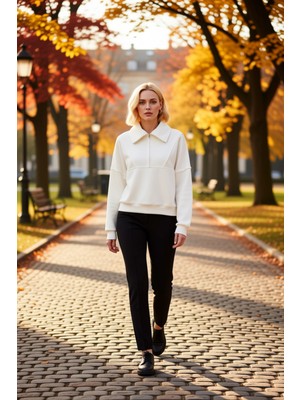 Benerly Kadın Dik Yaka Düşük Kol Fermuarlı Polar Sweatshirt Fonksiyonel Dayanıklı Kaliteli Estetik