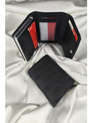 Leaf Accessory Mekanizmalı Unisex  Siyah Boss Desenli, 1. Sınıf Vinlex Deri Kaplamalı, Çıtçıt Kapaklı, Şeffaf Ehliyet ve Kimlik Koyma Gözlü, Rfıd Korumalı