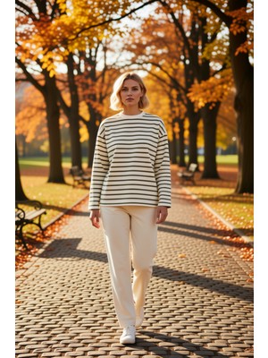 Benerly Kadın Bisiklet Yaka Düşük Kol Çizgili Örme Geniş Kesim Sweatshirt Fonksiyonel Dayanıklı Şık