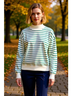 Benerly Kadın Bisiklet Yaka Düşük Kol Çizgili Örme Sweatshirt Fonksiyonel Dayanıklı Kaliteli Rahat