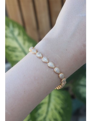 Hayat Store Vip Seri Pirinç Zirkon Taşlı Gold Renk Damla Model Bileklik - Lisinya