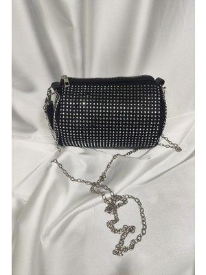 Leaf Accessory Taşlı Sunni Deri Kadın Çantası, Omuzda ve Elde Taşınabilir Fermuarlı Siyah Silindir