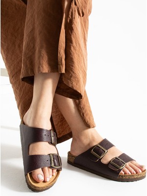 Mycorni Unisex Hakiki Deri Çift Toka Terlik – Anatomik Doğal Mantar Tabanlı