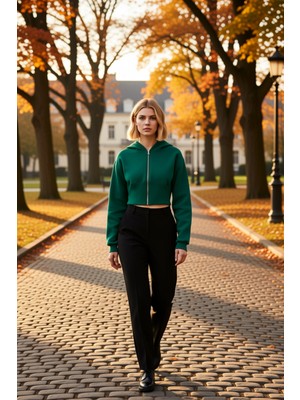 Benerly Kadın Kapüşonlu Düşük Kol Fitted Fermuarlı Örme Sweatshirt Fonksiyonel Dayanıklı Kaliteli Şık