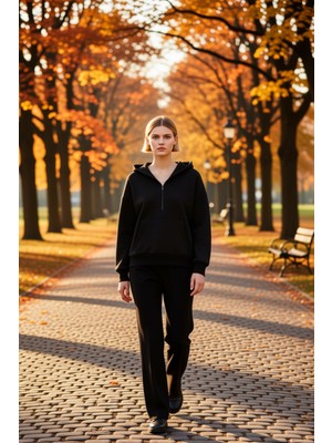Benerly Kadın Kapüşonlu Düşük Kol Yarım Pat Fermuarlı Örme Sweatshirt Fonksiyonel Dayanıklı Modern