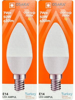 Avarson (2 adet) Osaka 7W (50W) Sarı Işık (3000K) E14 Duylu (Ince Duy) LED Mum Ampul
