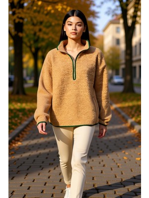 Benerly Kadın Dik Yaka Düşük Kol Peluş Örme Sweatshirt Fonksiyonel Dayanıklı Kaliteli Konforlu Şık