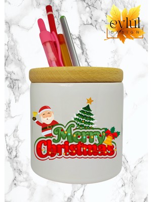 Eylül Design Merry Christmas Yılbaşı Temalı Baskılı Seramik Ahşap Detaylı Masaüstü Kalemlik Yılbaşı Hediyesi