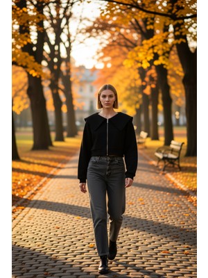 Benerly Kadın Polo Yaka Düşük Kol Fermuarlı Örme Sweatshirt %100 Pamuk Fonksiyonel Dayanıklı Rahat