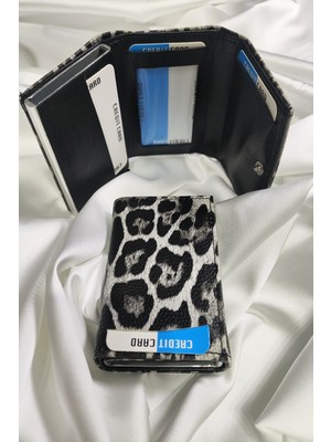 Leaf Accessory Mekanizmalı Kartlık Leopar Desenli, 1. Sınıf Vinlex Deri Kaplamalı, Çıtçıt Kapaklı, Şeffaf Ehliyet ve Kimlik Koyma Gözlü, Rfıd Korumalı