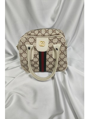 Leaf Accessory Desenli Tekstil ve Sunni Deri Kadın Çantası, Omuzda ve Elde Taşınabilir Fermuarlı Bej