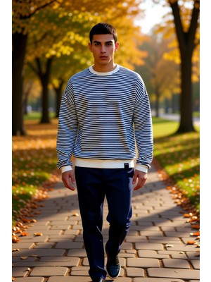 Benerly Erkek Bisiklet Yaka Standart Kol Çizgili Oversize Sweatshirt Fonksiyonel Dayanıklı Estetik