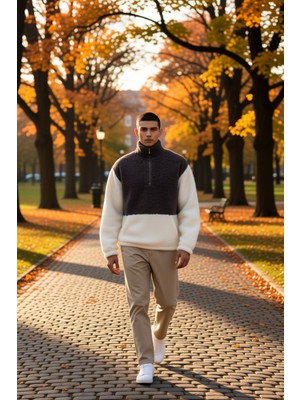 Benerly Erkek Dik Yaka Standart Kol %100 Pamuk Oversize Peluş Sweatshirt Fonksiyonel Dayanıklı Şık
