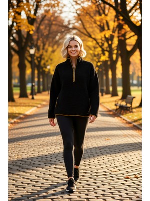 Benerly Kadın Dik Yaka Düşük Kol Peluş Örme Sweatshirt Fonksiyonel Dayanıklı Kaliteli Konforlu Şık