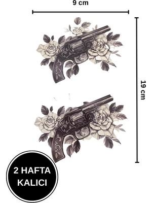2 Hafta Kalıcı Çift Tabanca ve Gül Figürlü Geçici Dövme (9X19 Cm)