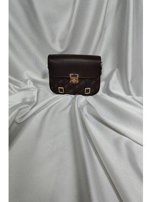 Leaf Accessory Desenli Tekstil ve Sunni Deri Kadın Çantası, Omuzda ve Elde Taşınabilir Fermuarlı Kahverengi