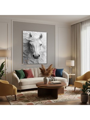 Tablonhazır Dikey Kanvas Tablo Salon Duvar Tablosu Beyaz At Yeni Ev Hediyesi Ofis Tablosu