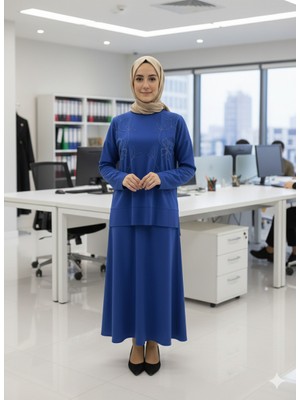 Ribana Classic Kadın Bisiklet Yaka Çiçek Nakışlı ve Yırtmaç Detaylı Sweatshirt, Lastik Bel Etek Tesettür Takım