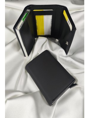 Leaf Accessory Mekanizmalı Unisex  Kartlık Mat Siyah, 1. Sınıf Vinlex Deri Kaplamalı, Çıtçıt Kapaklı, Şeffaf Ehliyet ve Kimlik Koyma Gözlü, Rfıd Korumalı